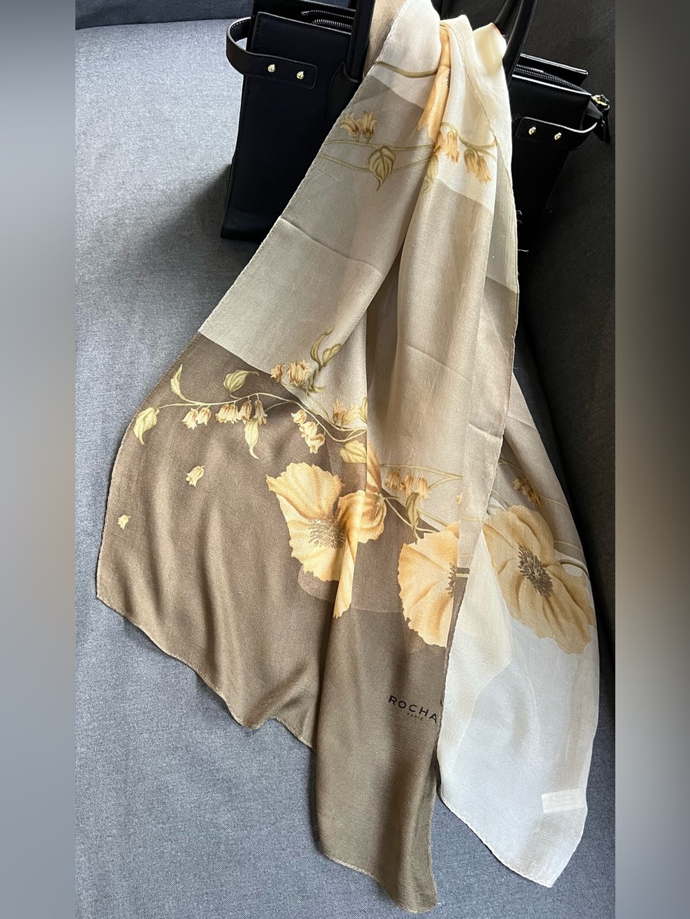Vintage Rochas Paris Floral Silk Scarf Neutral Cream & Olive Floral Oblong Wrap